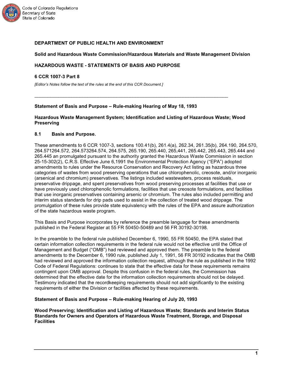 CODE of COLORADO REGULATIONS 6 CCR 1007-3 Part 8 Hazardous Materials and Waste Management Division