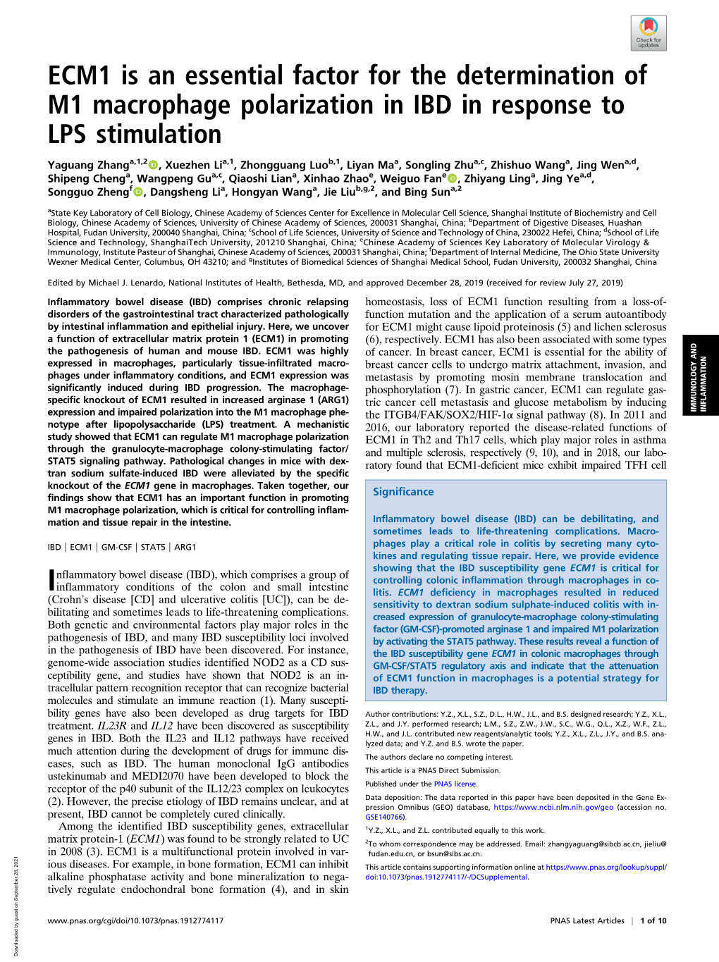 ECM1 Is an Essential Factor for the Determination of M1 Macrophage Polarization in IBD in Response to LPS Stimulation