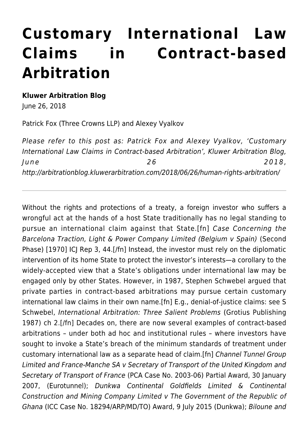 Customary International Law Claims in Contract-Based Arbitration