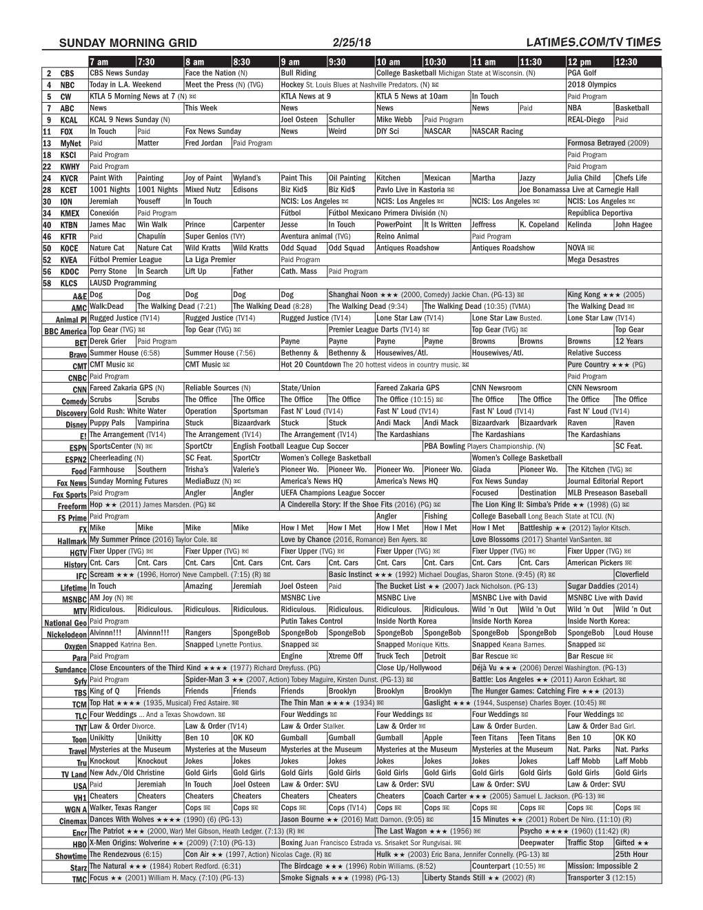 Sunday Morning Grid 2/25/18 Latimes.Com/Tv Times