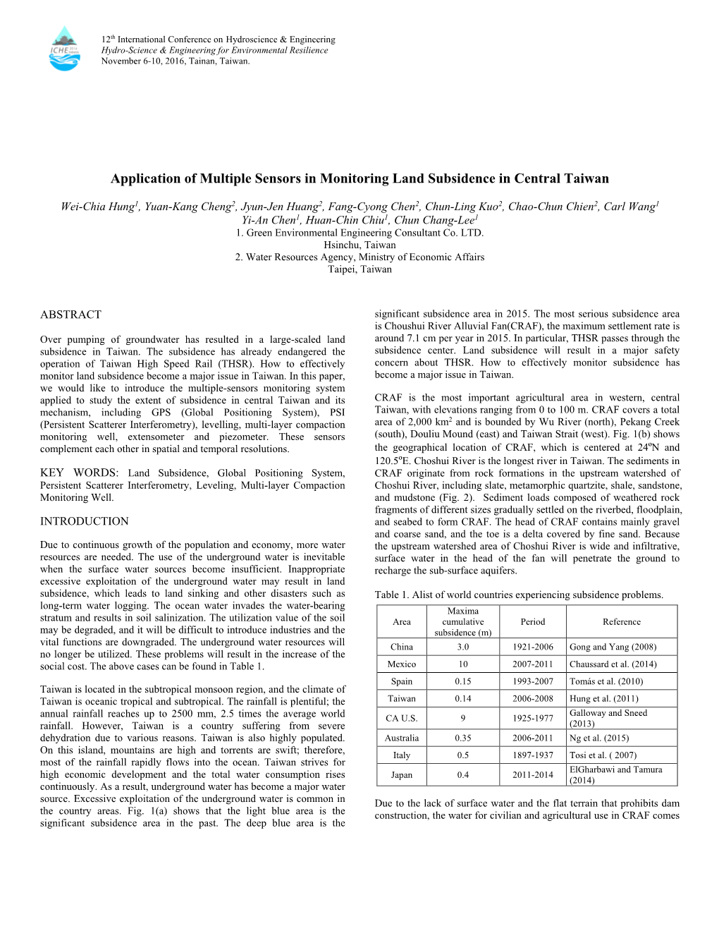 Application of Multiple Sensors in Monitoring Land Subsidence in Central Taiwan