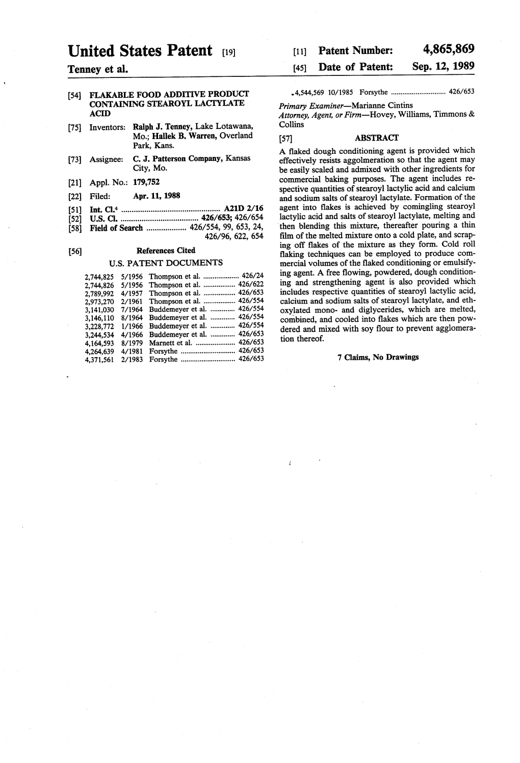 United States Patent (19) 11) Patent Number: 4,865,869 Tenney Et Al