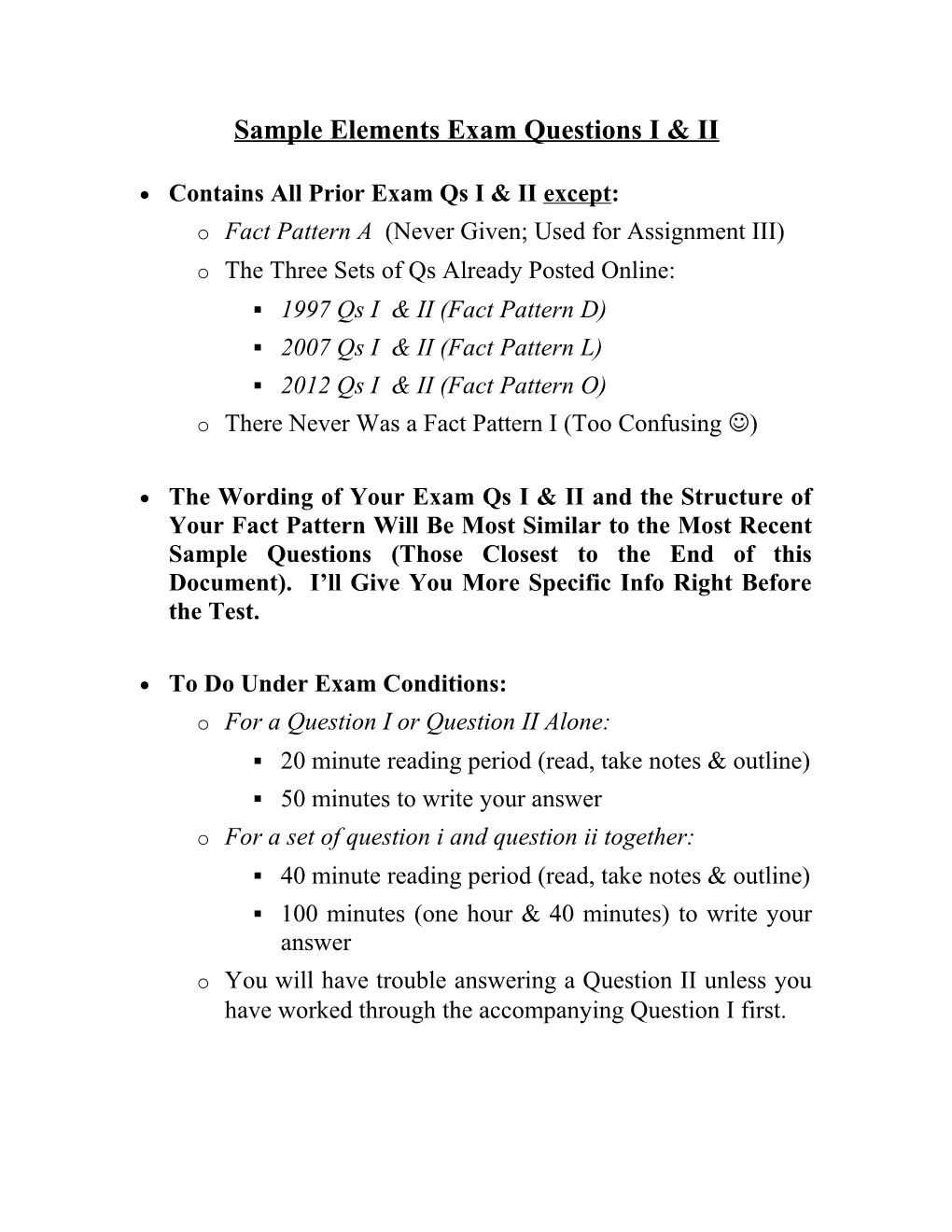 Old Elements Exam Questions I & II