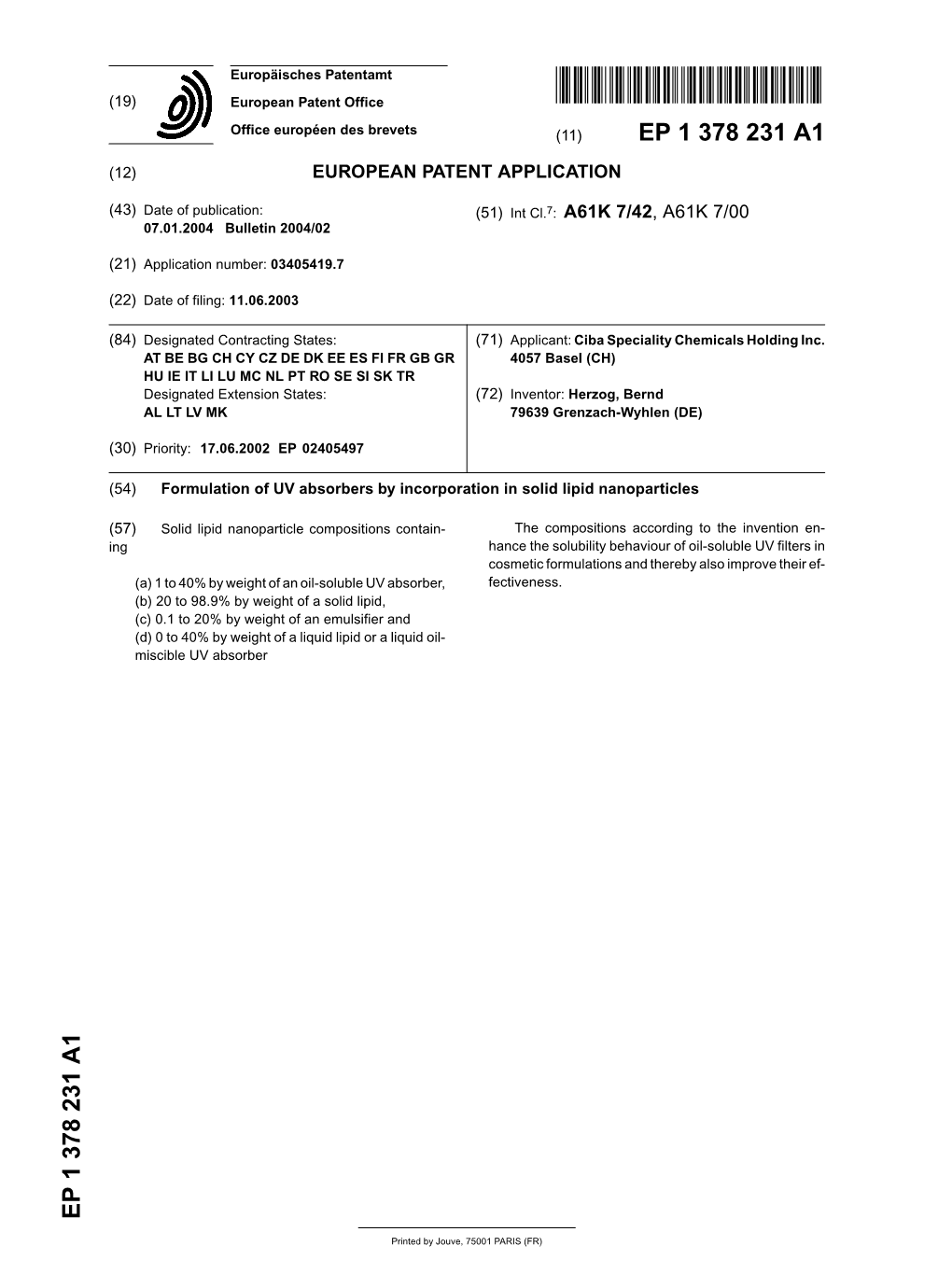 Formulation of UV Absorbers by Incorporation in Solid Lipid Nanoparticles