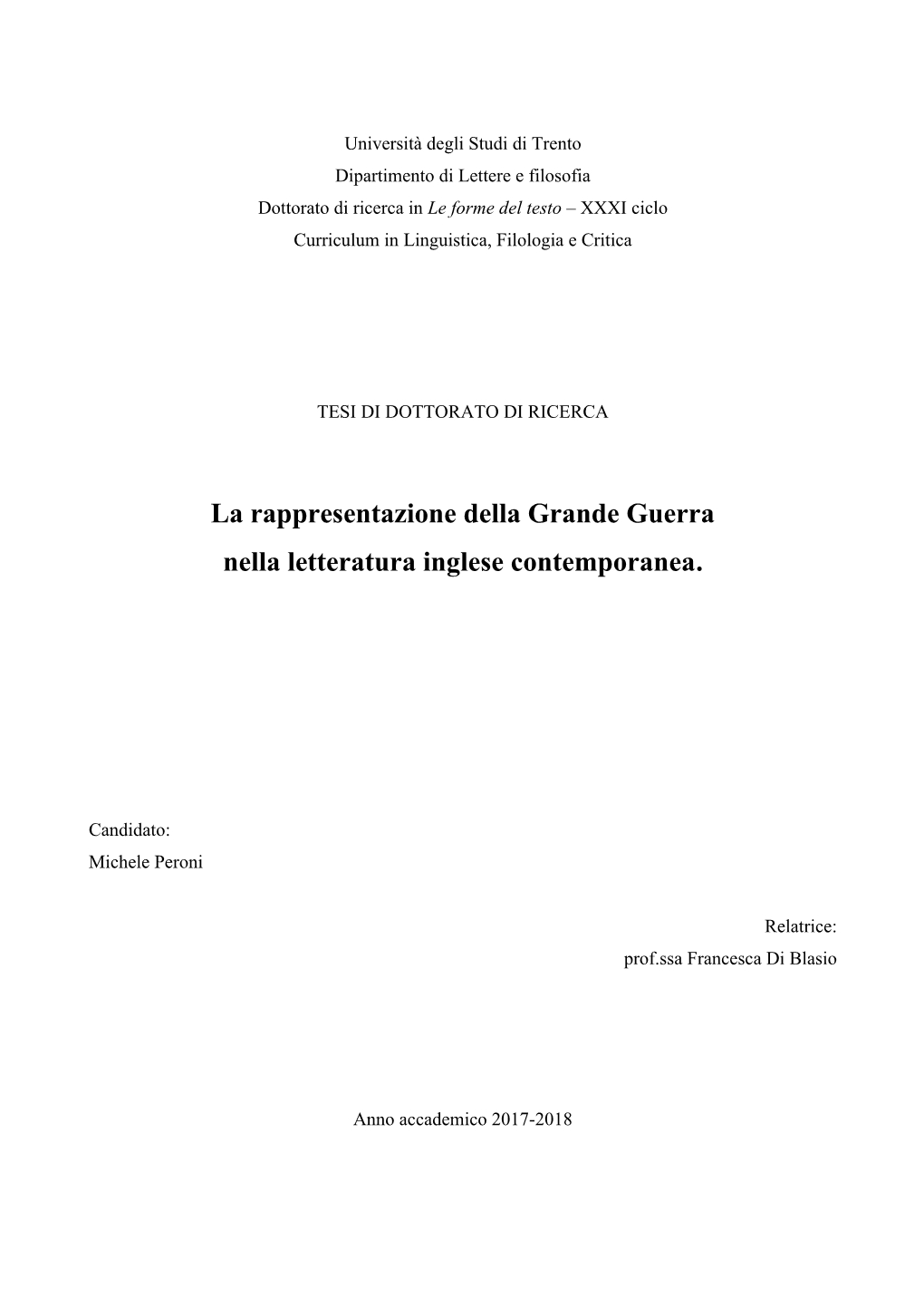 La Rappresentazione Della Grande Guerra Nella Letteratura Inglese Contemporanea