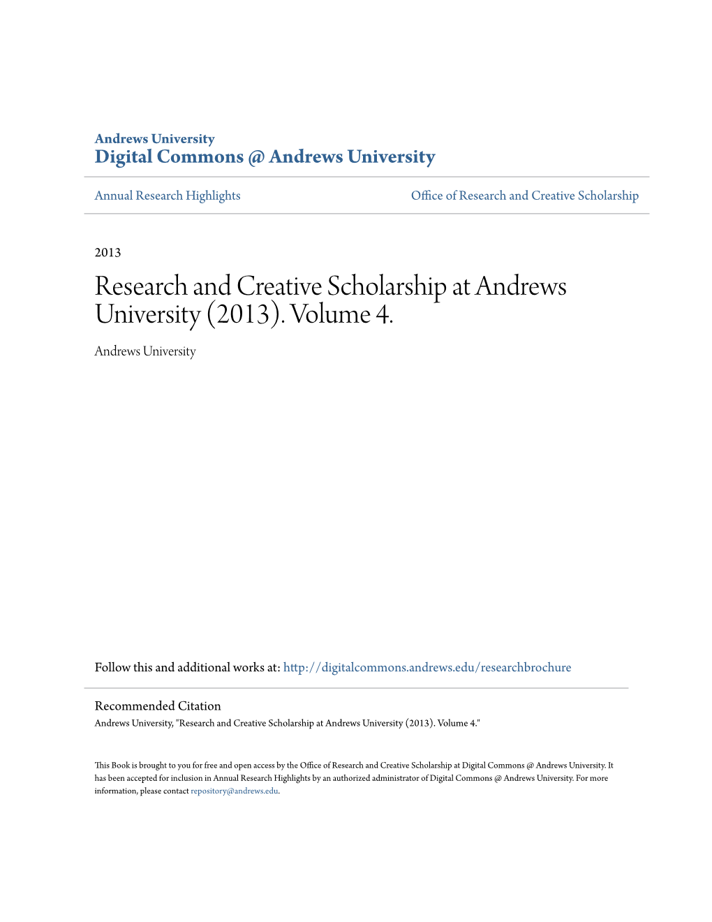Research and Creative Scholarship at Andrews University (2013). Volume 4