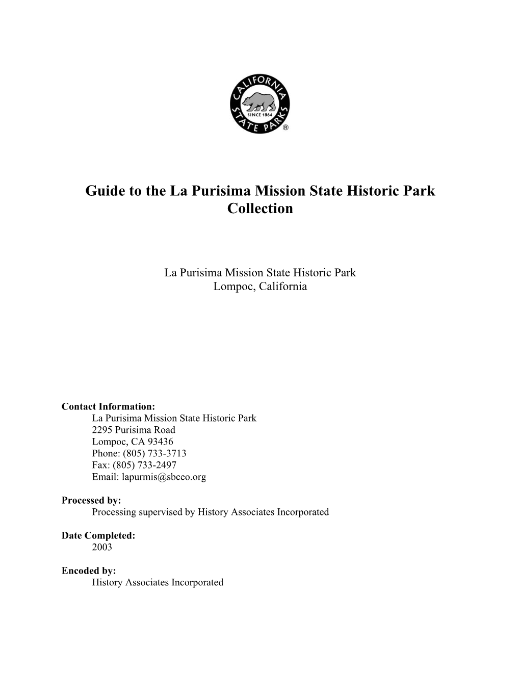 Guide to the La Purisima Mission State Historic Park Collection