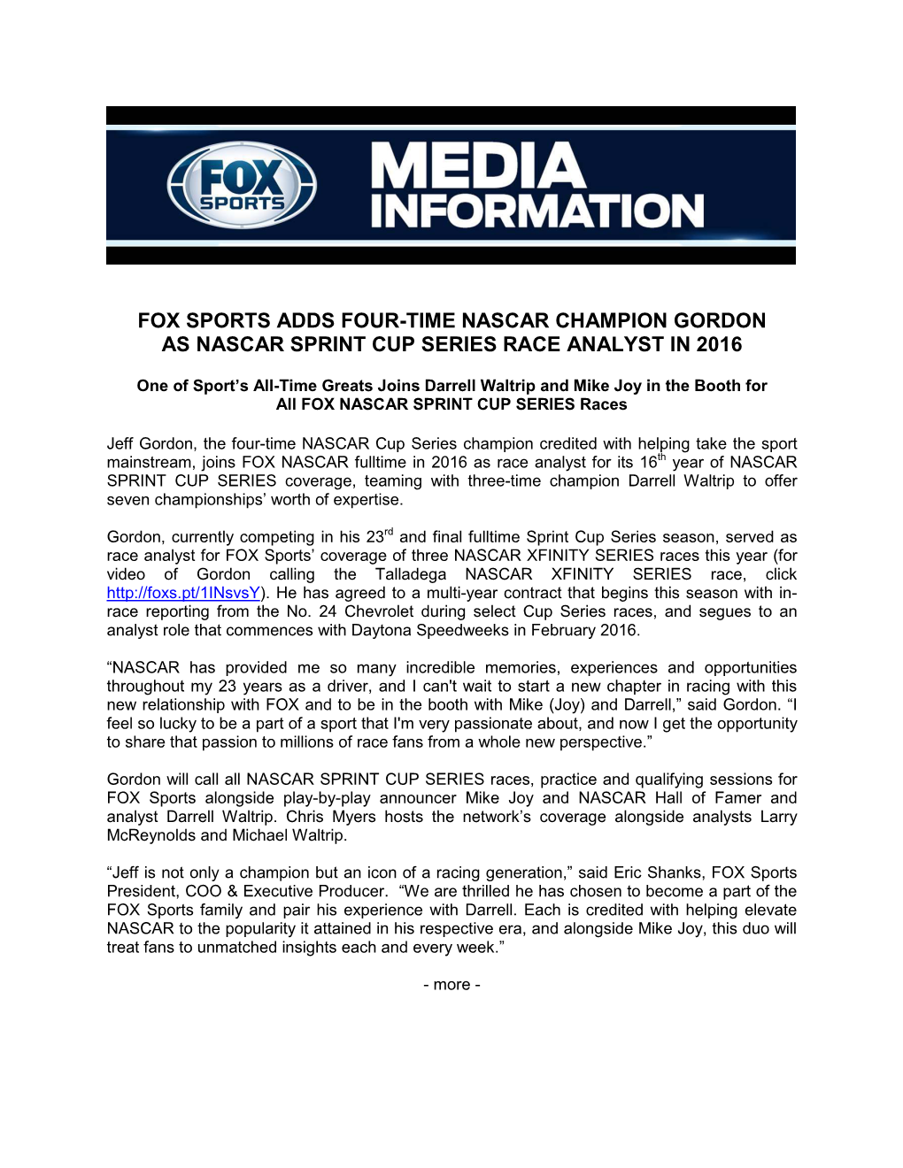 Fox Sports Adds Four-Time Nascar Champion Gordon As Nascar Sprint Cup Series Race Analyst in 2016