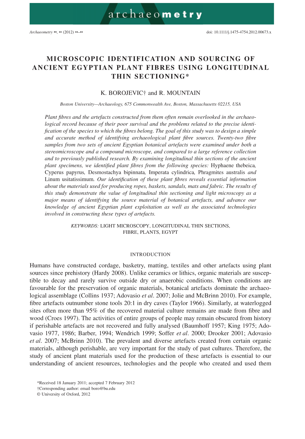 Microscopic Identification and Sourcing of Ancient Egyptian Plant Fibres Using Longitudinal Thin Sectioning*