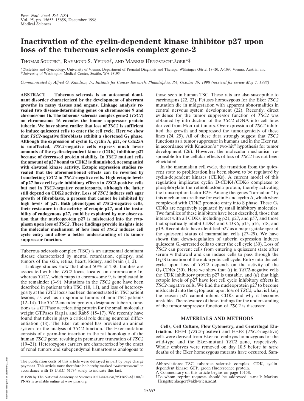 Inactivation of the Cyclin-Dependent Kinase Inhibitor P27 Upon Loss of the Tuberous Sclerosis Complex Gene-2