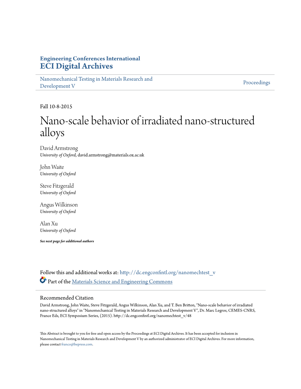 Nano-Scale Behavior of Irradiated Nano-Structured Alloys David Armstrong University of Oxford, David.Armstrong@Materials.Ox.Ac.Uk