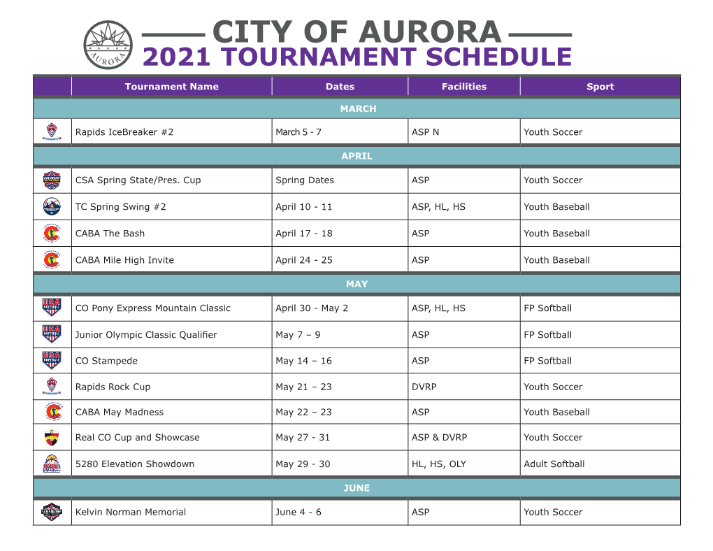 2021 City of Aurora Tournament Schedule