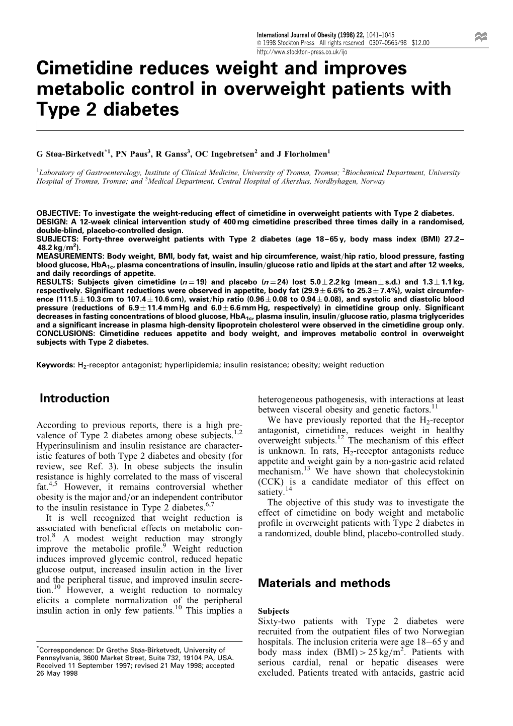 Cimetidine Reduces Weight and Improves Metabolic Control in Overweight Patients with Type 2 Diabetes