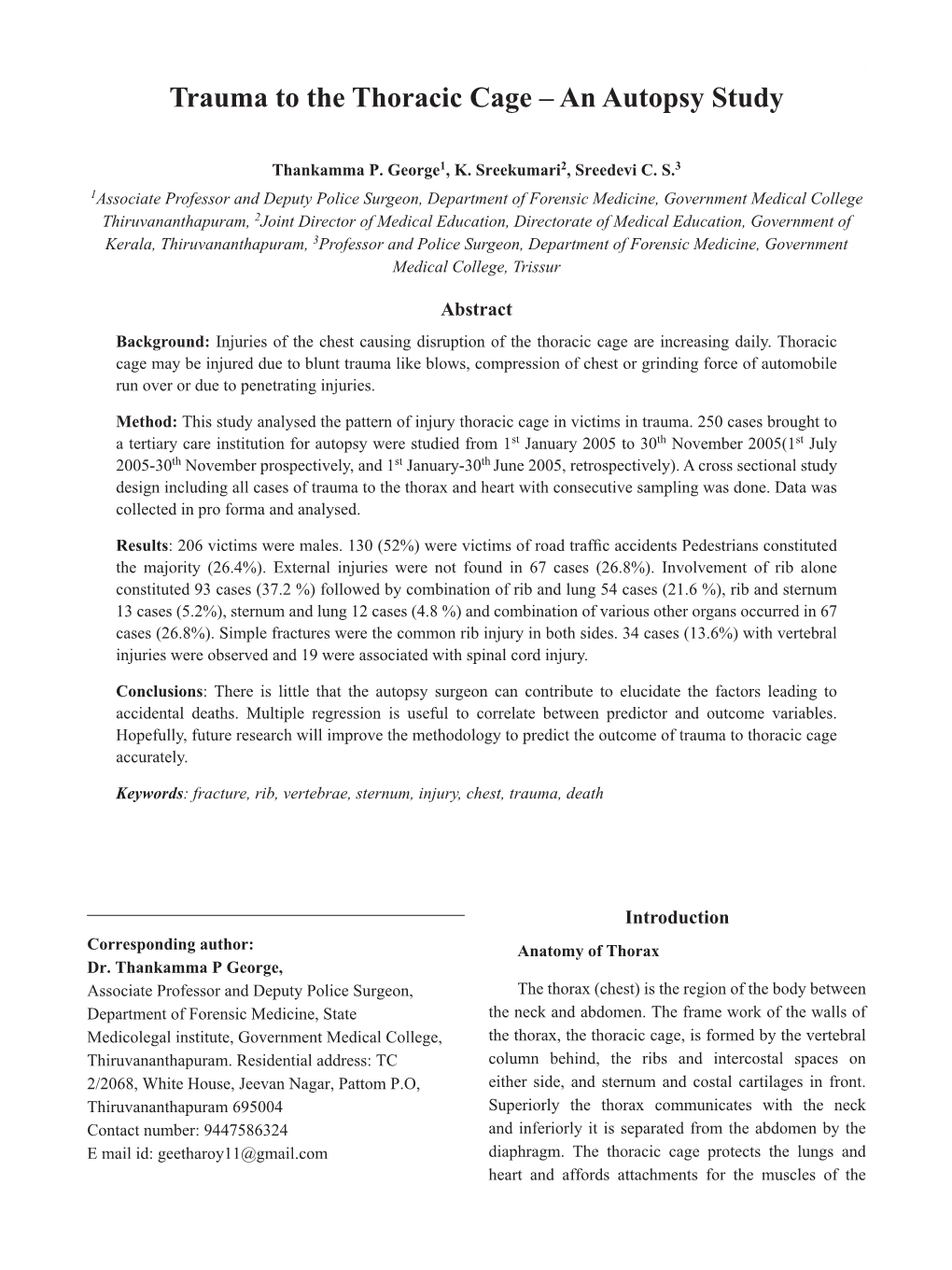 Trauma to the Thoracic Cage – an Autopsy Study