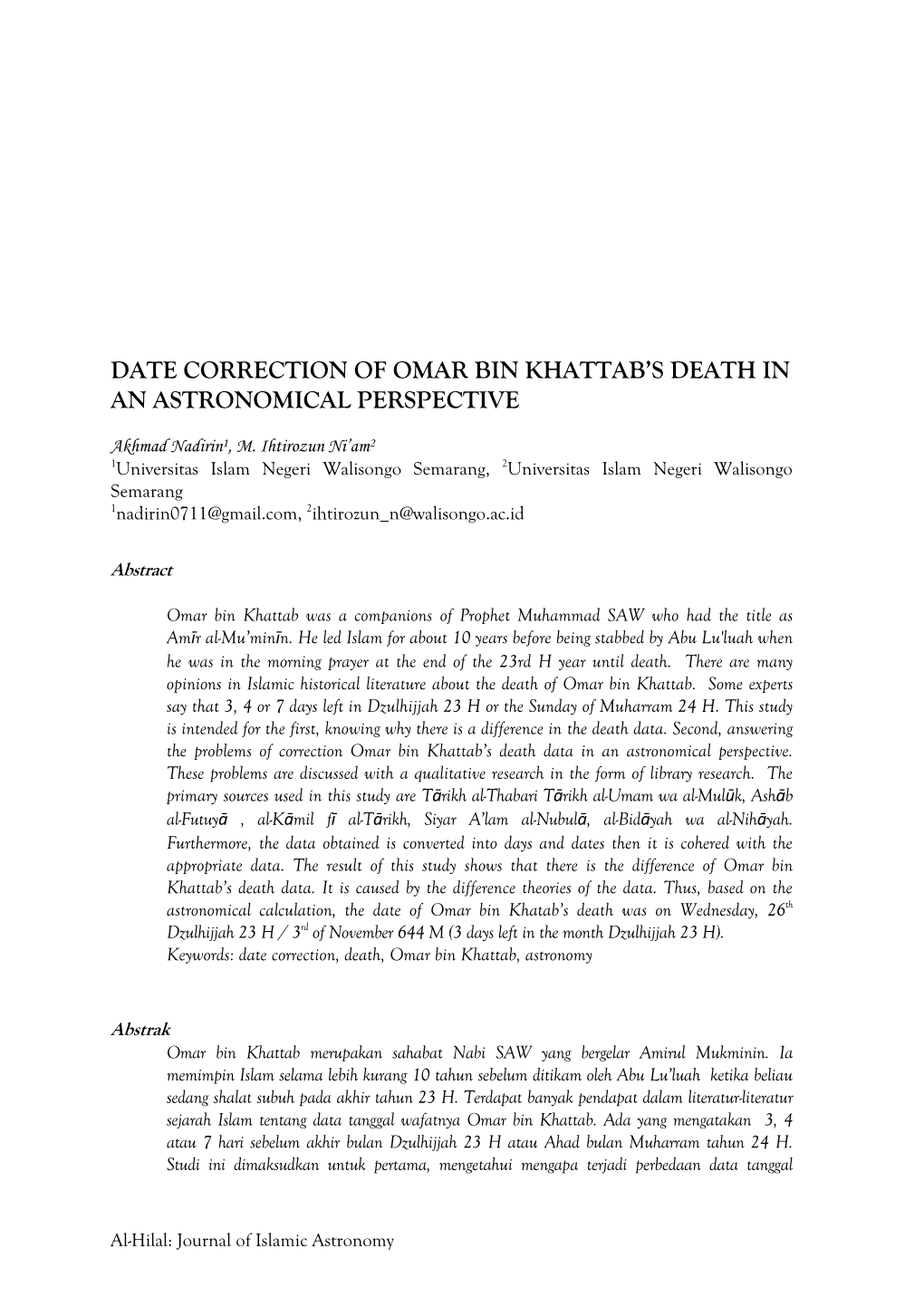 Date Correction of Omar Bin Khattab's Death in An