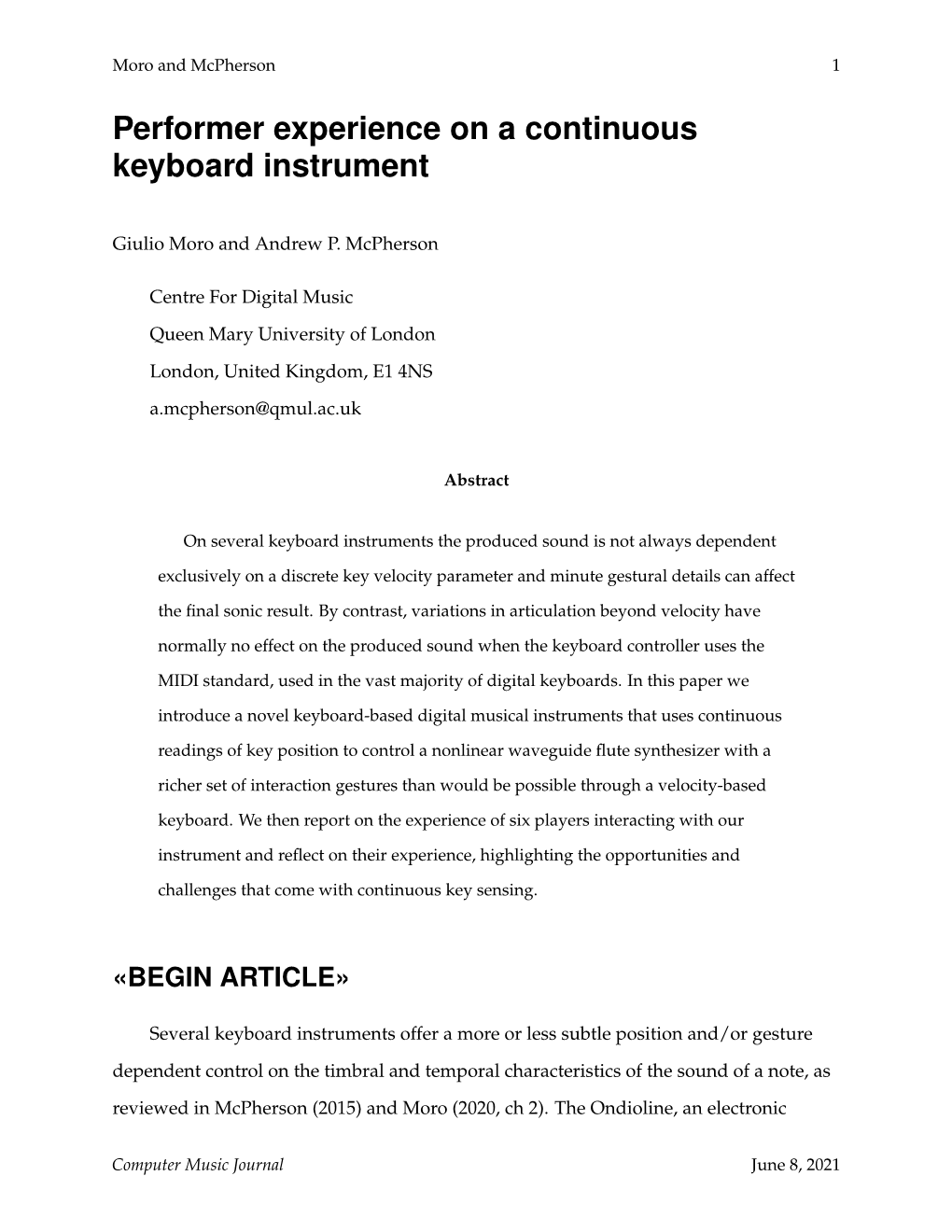 Performer Experience on a Continuous Keyboard Instrument