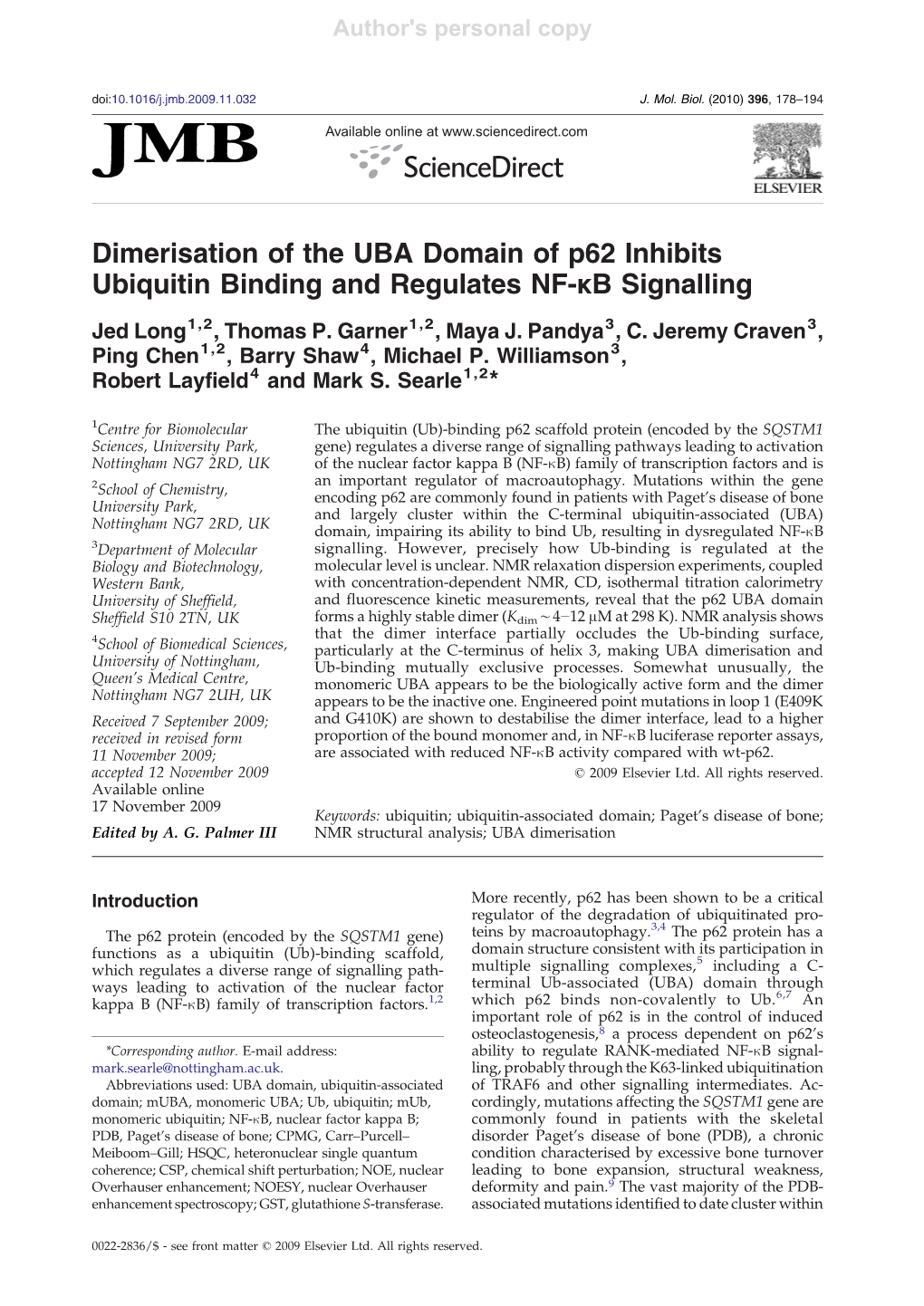 Dimerisation of the UBA Domain of P62 Inhibits Ubiquitin Binding and Regulates NF-Κb Signalling
