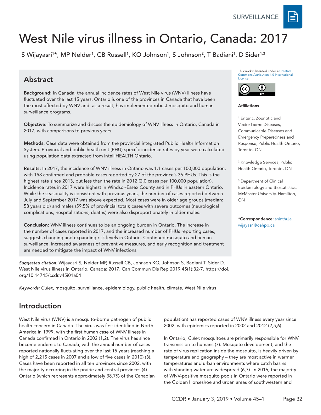 West Nile Virus Illness in Ontario, Canada: 2017 S Wijayasri1*, MP Nelder1, CB Russell1, KO Johnson1, S Johnson2, T Badiani1, D Sider1,3