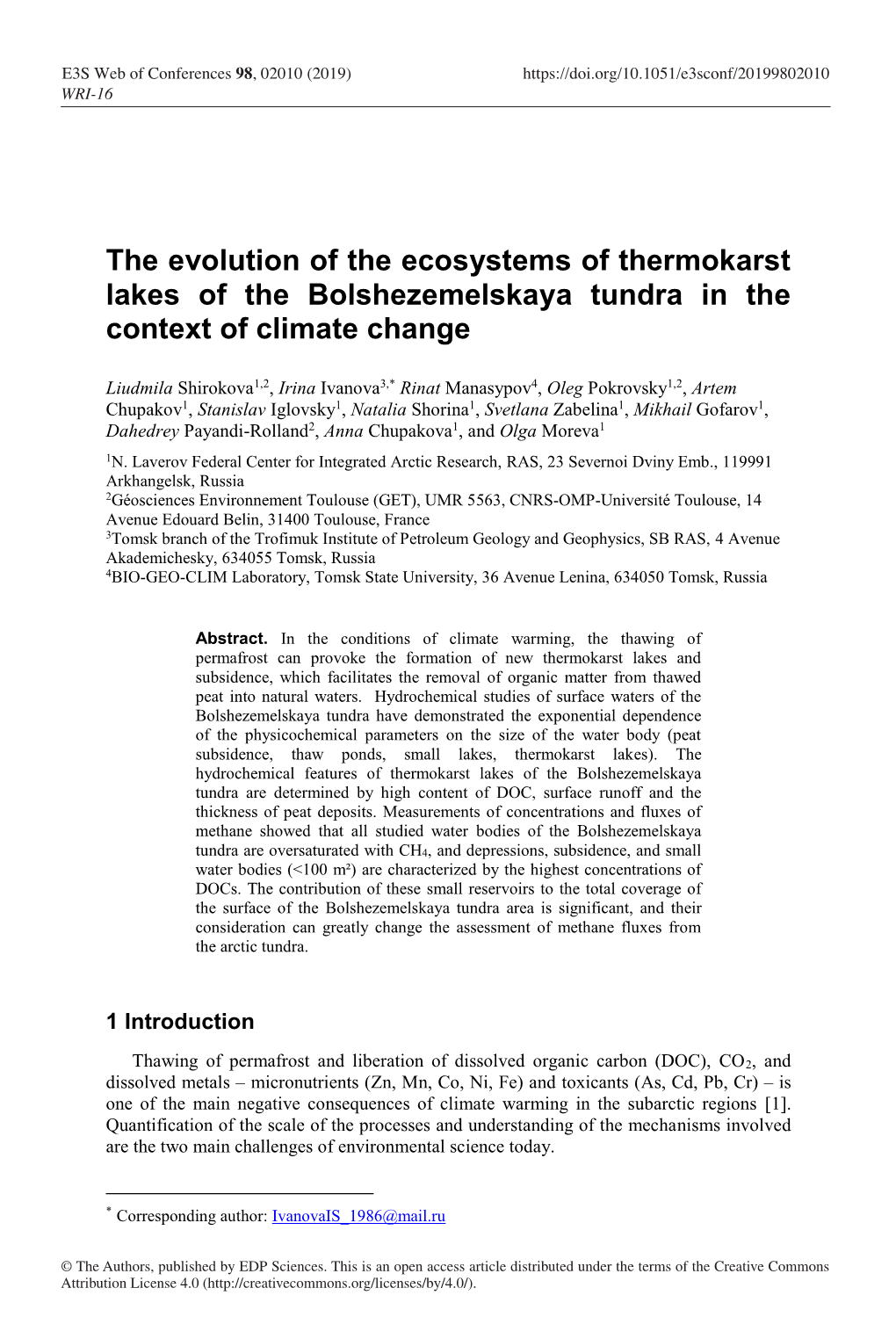 The Evolution of the Ecosystems of Thermokarst Lakes of the Bolshezemelskaya Tundra in the Context of Climate Change