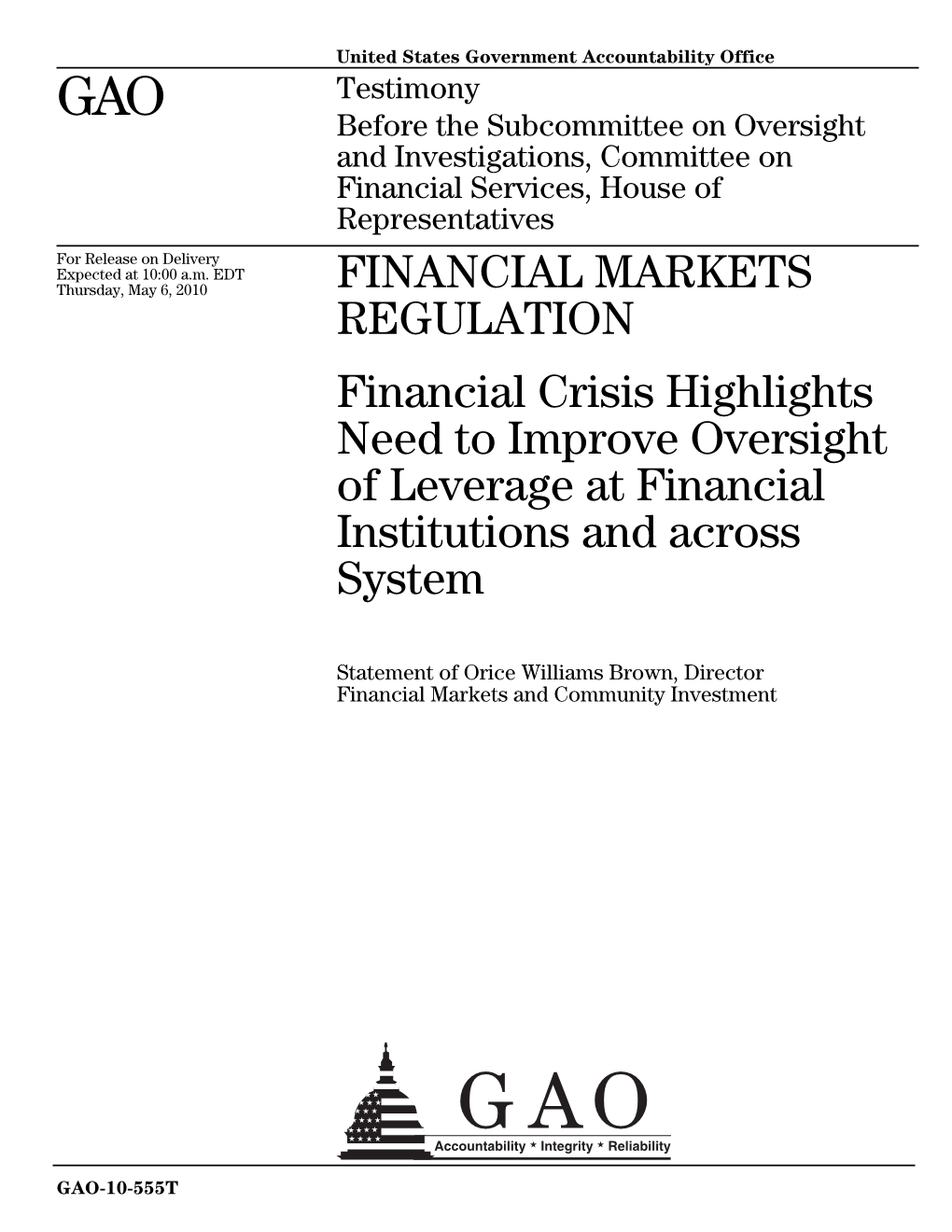 GAO-10-555T Financial Markets Regulation