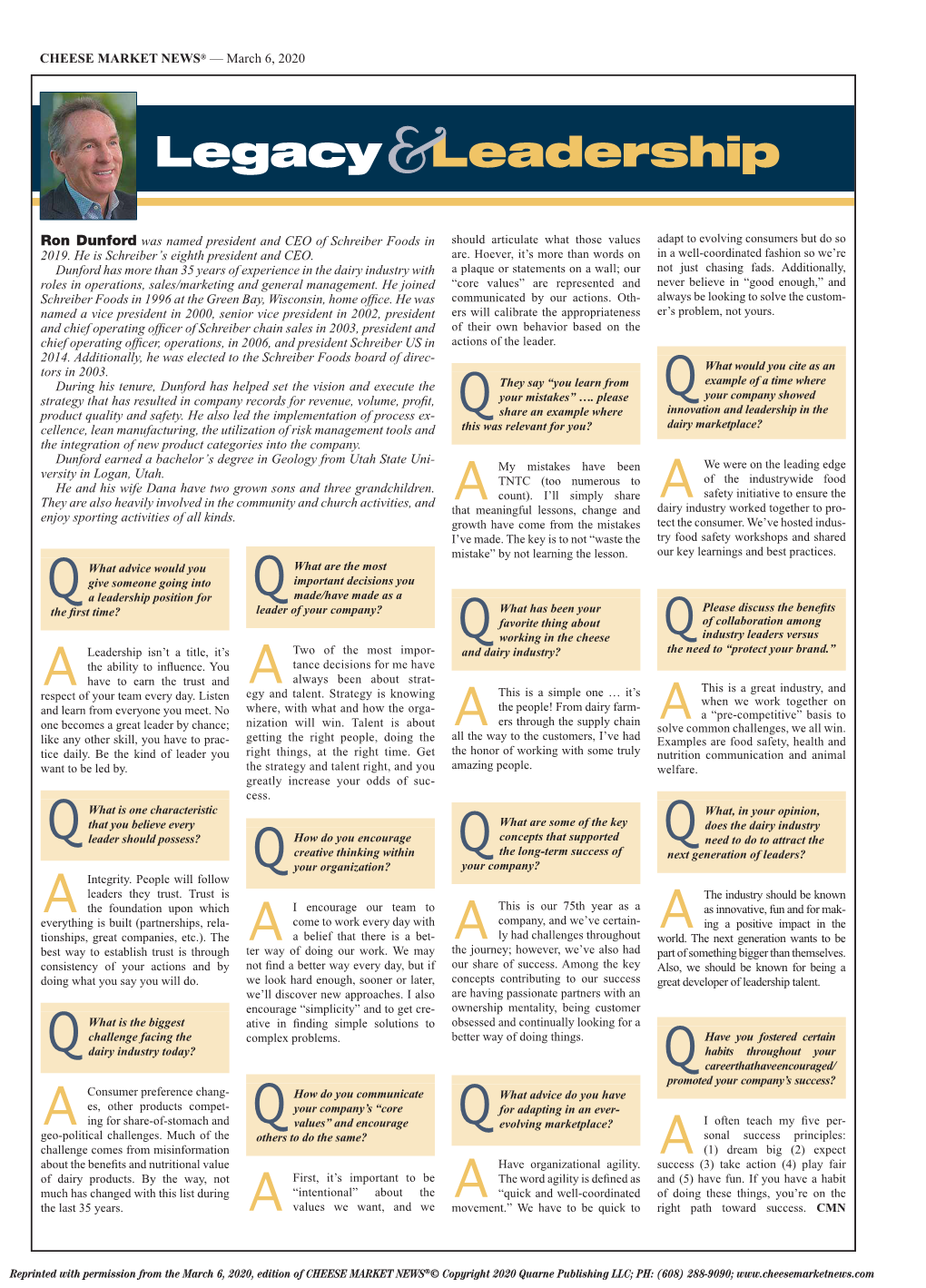 Ron Dunford Was Named President and CEO of Schreiber Foods in Should Articulate What Those Values Adapt to Evolving Consumers but Do So 2019