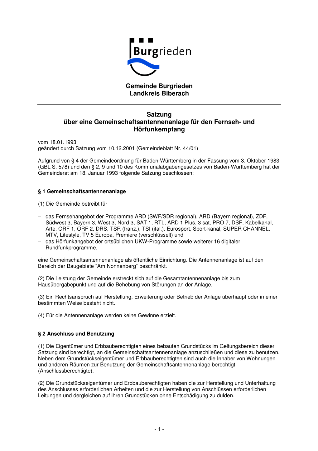 Gemeinde Burgrieden Landkreis Biberach Satzung Über Eine