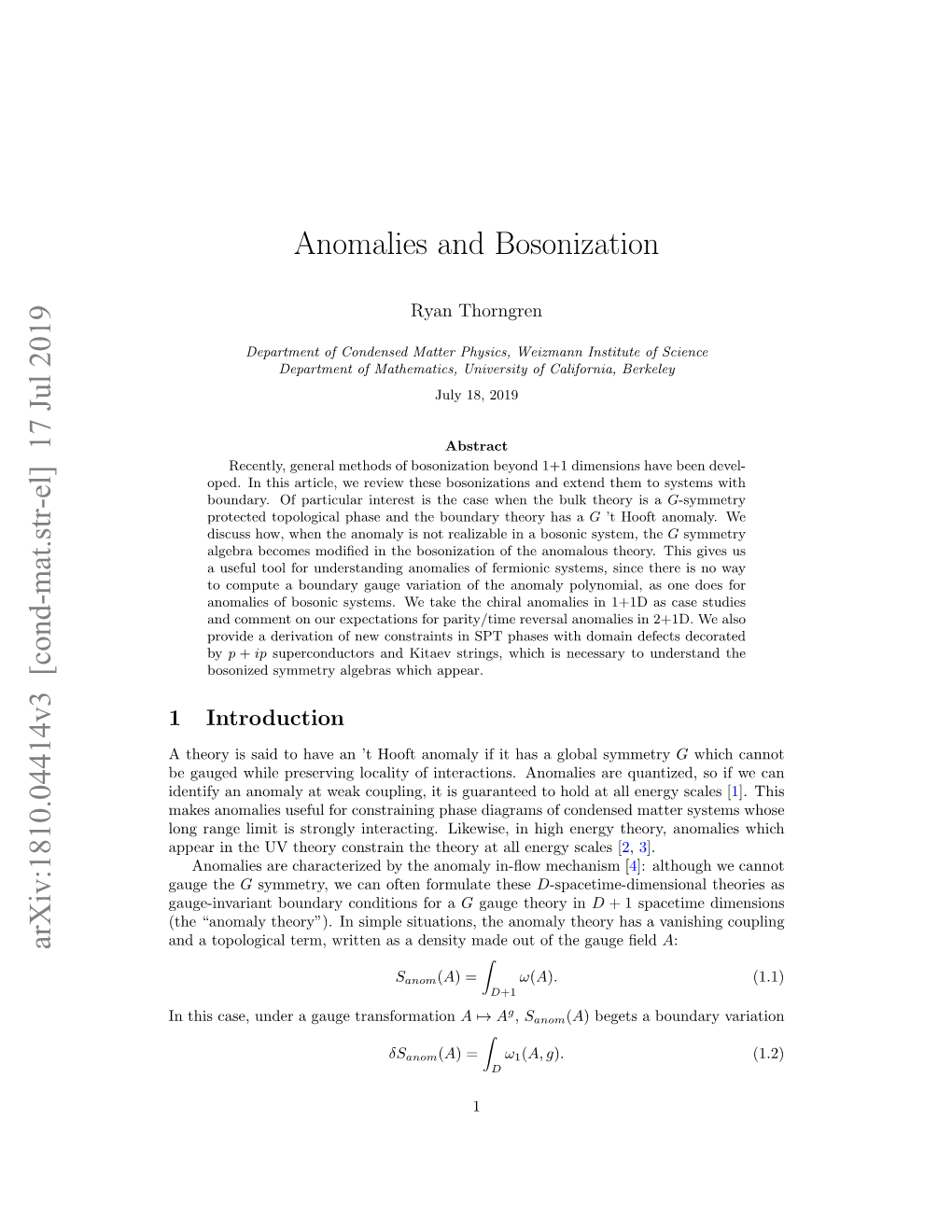 Anomalies and Bosonization Arxiv:1810.04414V3 [Cond-Mat.Str-El]