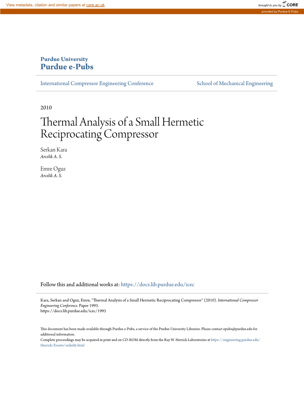 Thermal Analysis of a Small Hermetic Reciprocating Compressor Serkan Kara Arcelik A