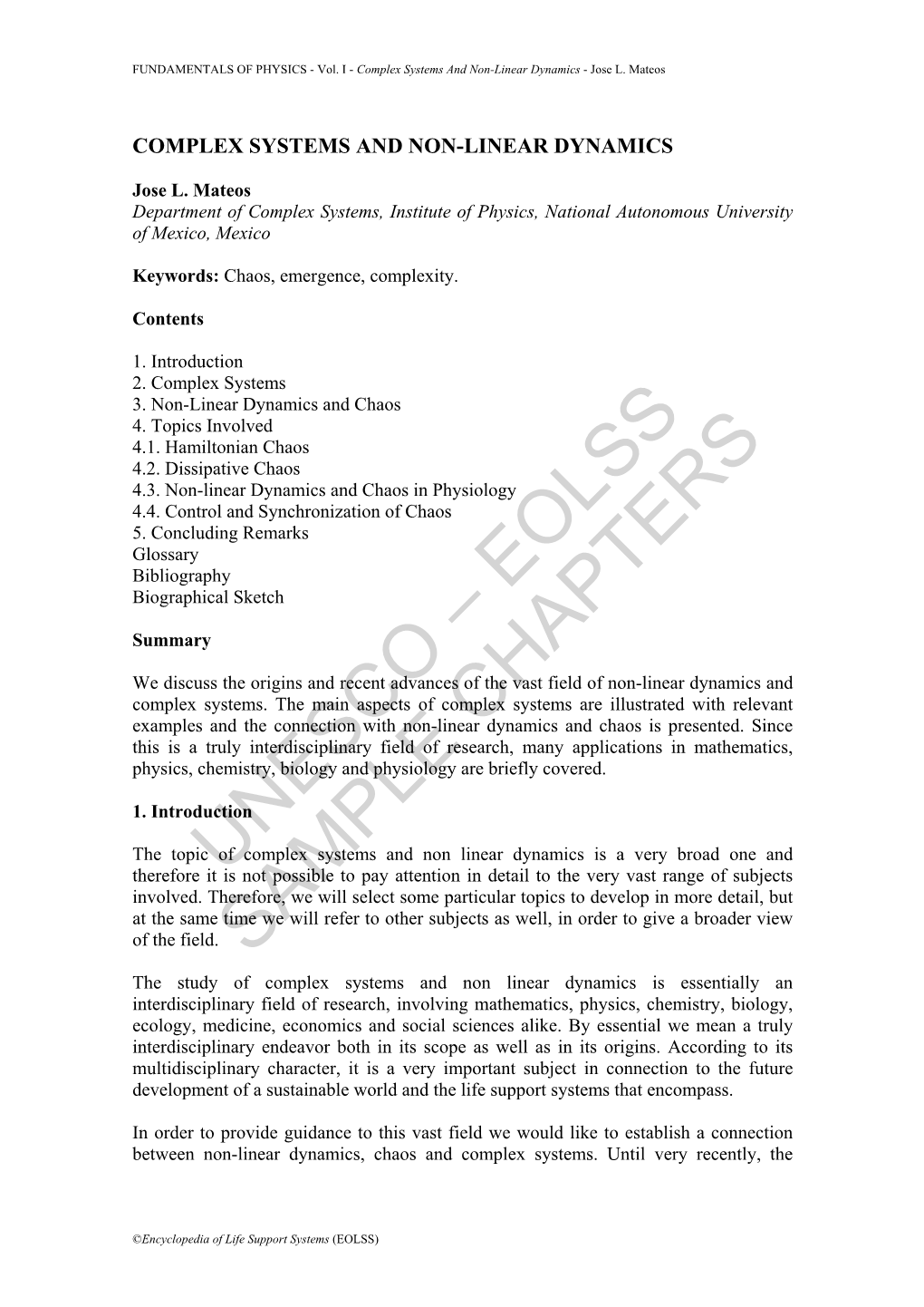 Complex Systems and Non-Linear Dynamics - Jose L