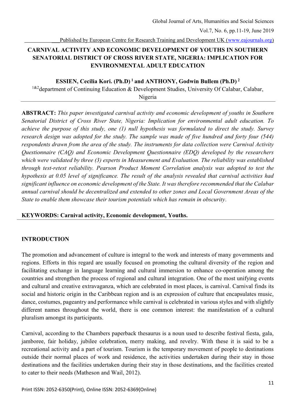 Carnival Activity and Economic Development of Youths in Southern Senatorial District of Cross River State, Nigeria: Implication for Environmental Adult Education
