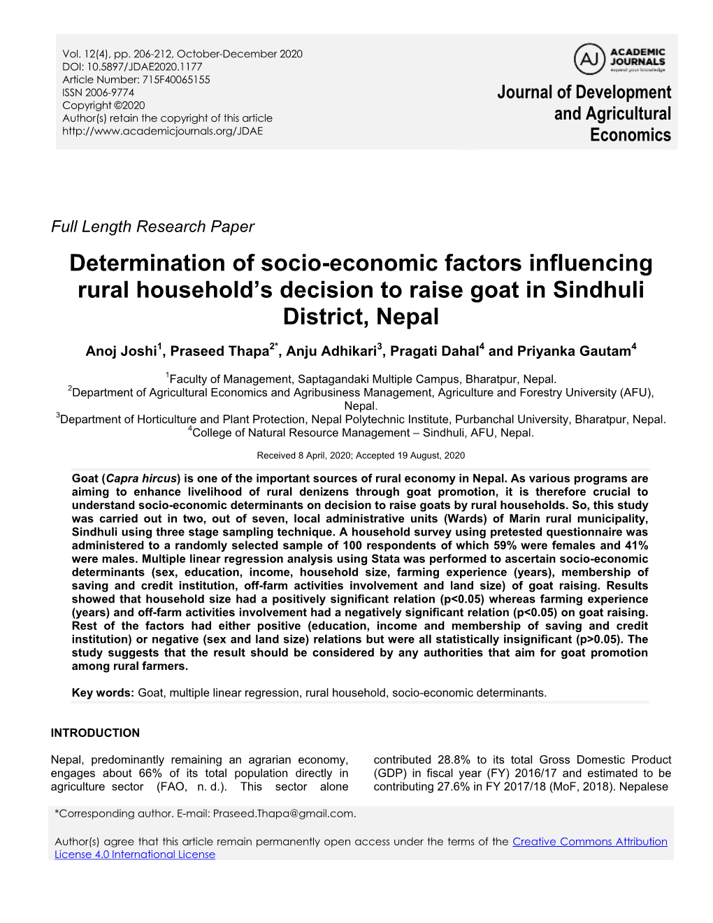 Determination of Socio-Economic Factors Influencing Rural Household’S Decision to Raise Goat in Sindhuli District, Nepal