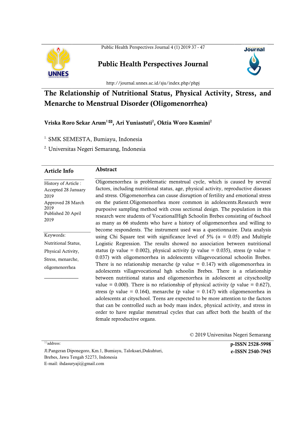 Public Health Perspectives Journal the Relationship of Nutritional