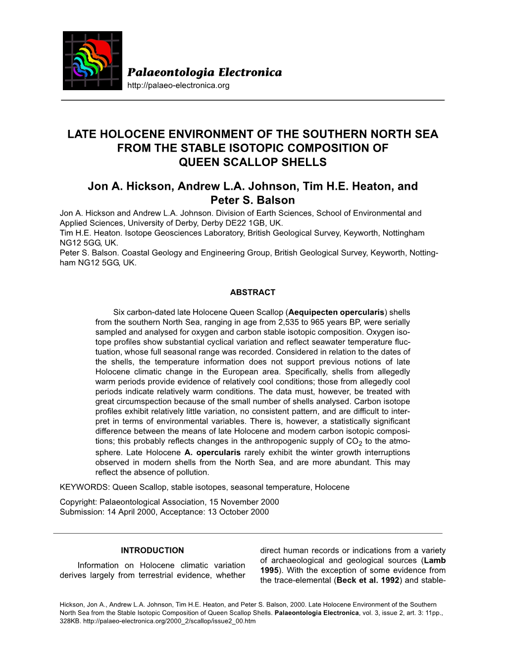 Late Holocene Environment of the Southern North Sea from the Stable Isotopic Composition of Queen Scallop Shells