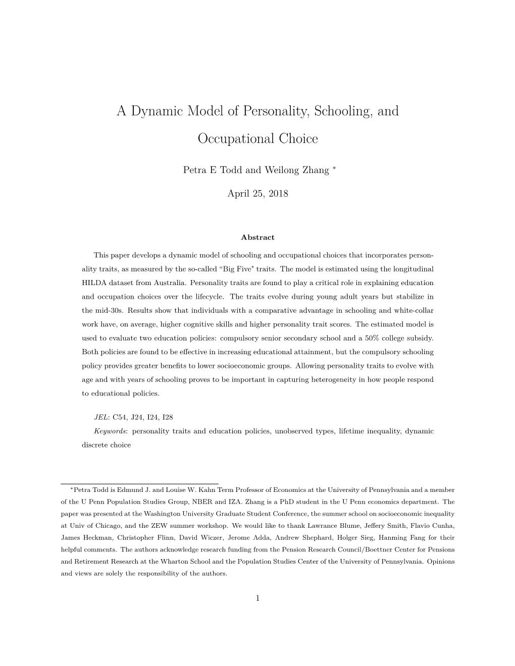 A Dynamic Model of Personality, Schooling, and Occupational Choice