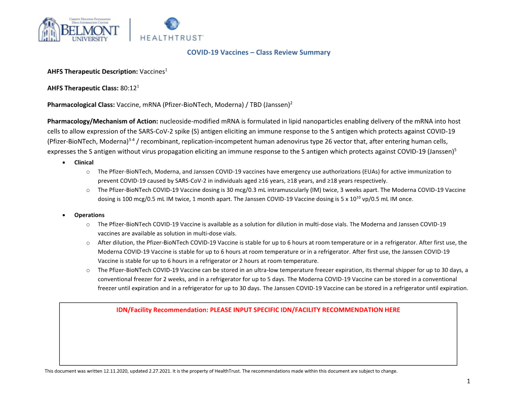 COVID-19 Vaccines – Class Review Summary