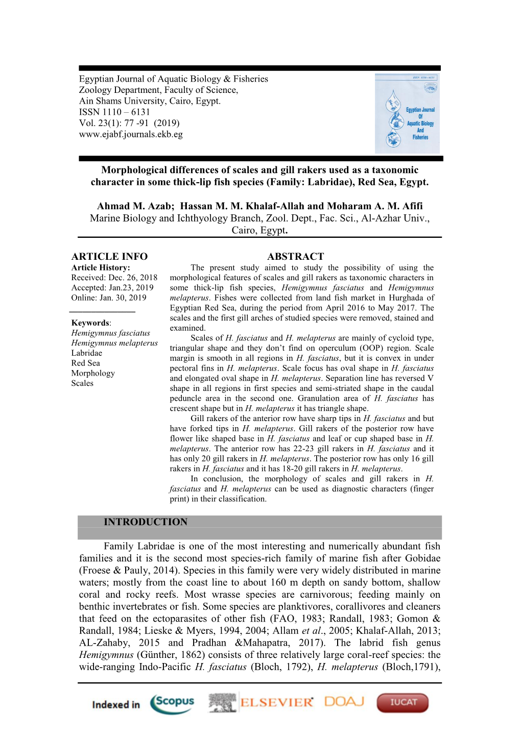 Morphological Differences of Scales and Gill Rakers Used As a Taxonomic Character in Some Thick-Lip Fish Species (Family: Labridae), Red Sea, Egypt