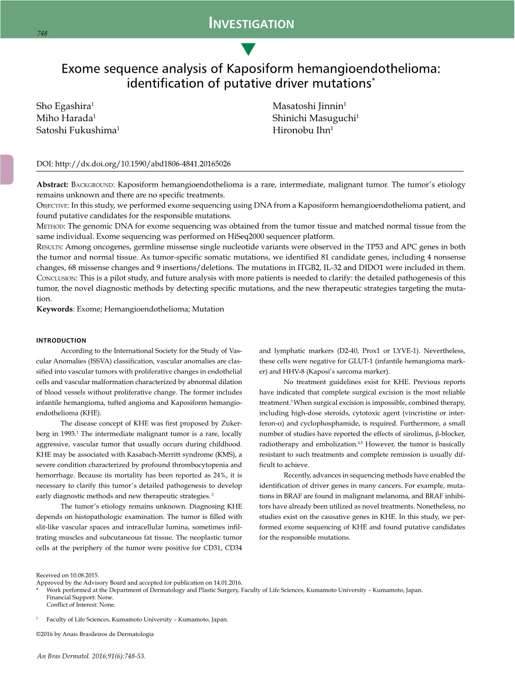 Exome Sequence Analysis of Kaposiform Hemangioendothelioma: Identification of Putative Driver Mutations*