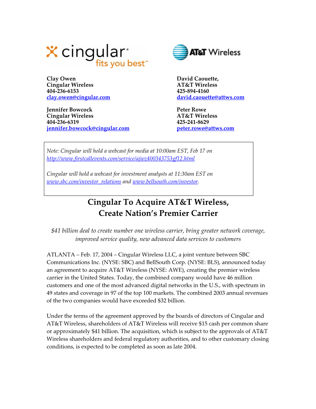 Cingular to Acquire AT&T Wireless, Create Nation's Premier Carrier
