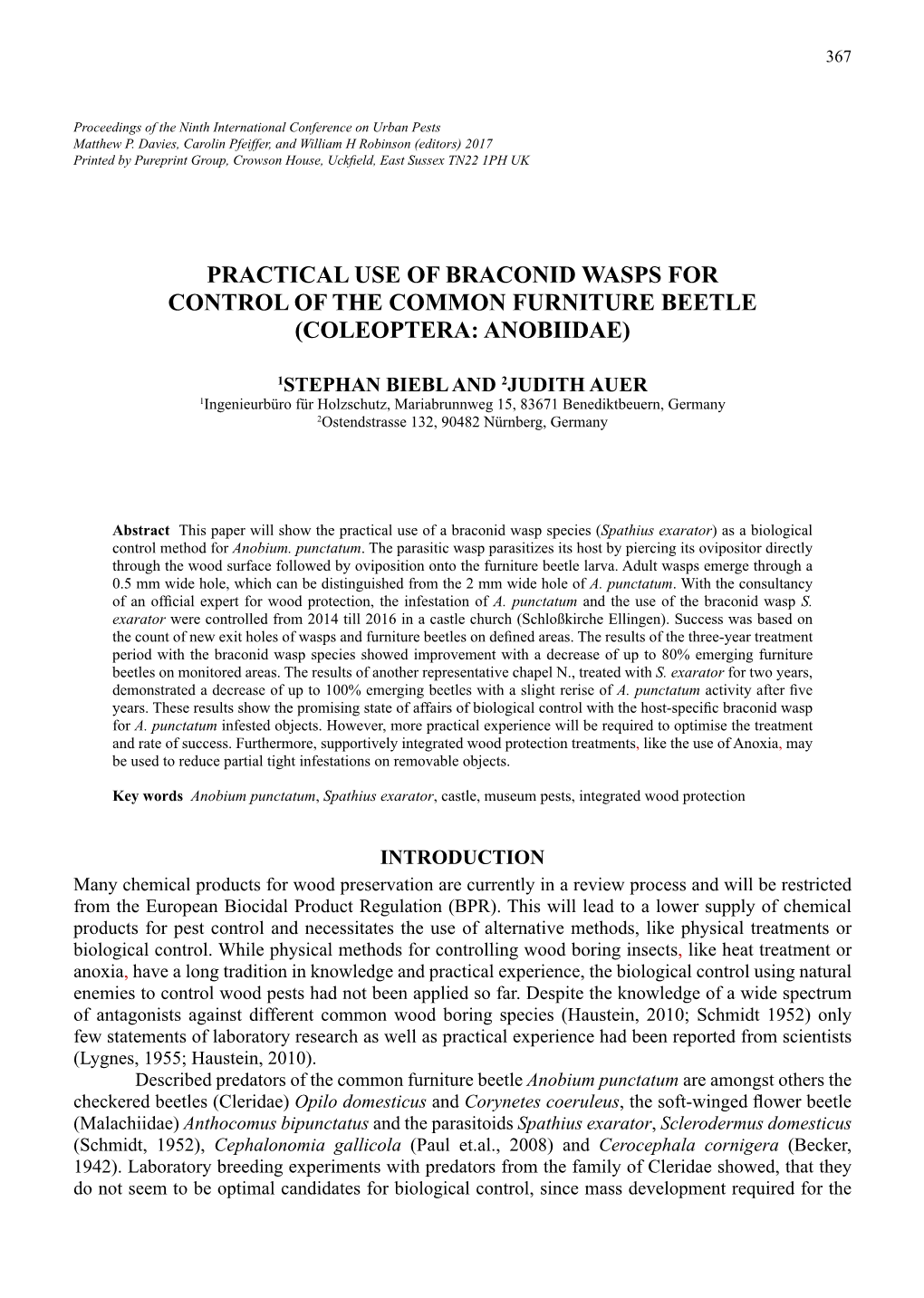 Practical Use of Braconid Wasps for Control of the Common Furniture Beetle (Coleoptera: Anobiidae)