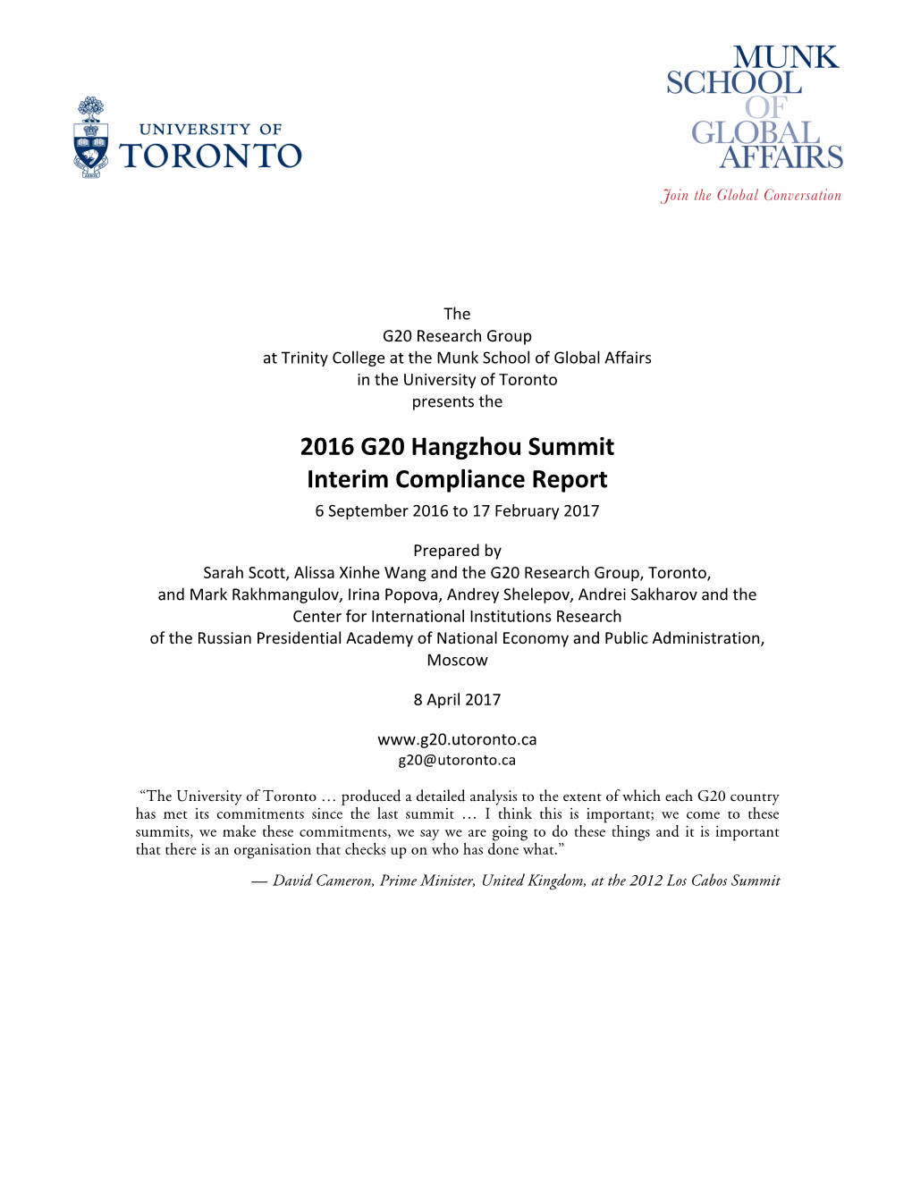 2016 G20 Hangzhou Summit Interim Compliance Report 6 September 2016 to 17 February 2017