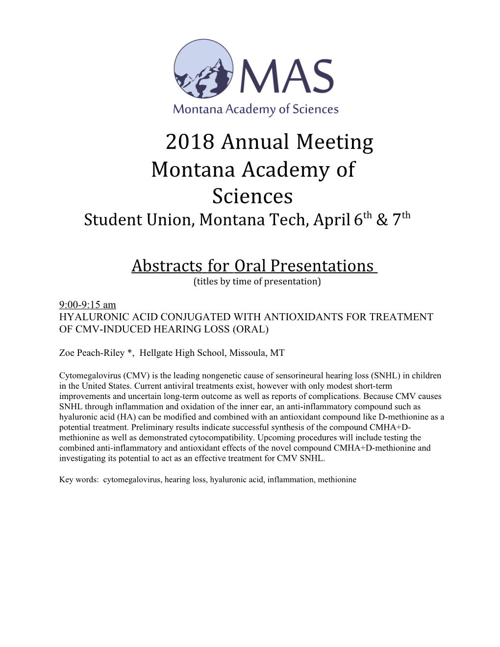 2018 Annual Meeting Montana Academy of Sciences Student Union, Montana Tech, April 6Th & 7Th