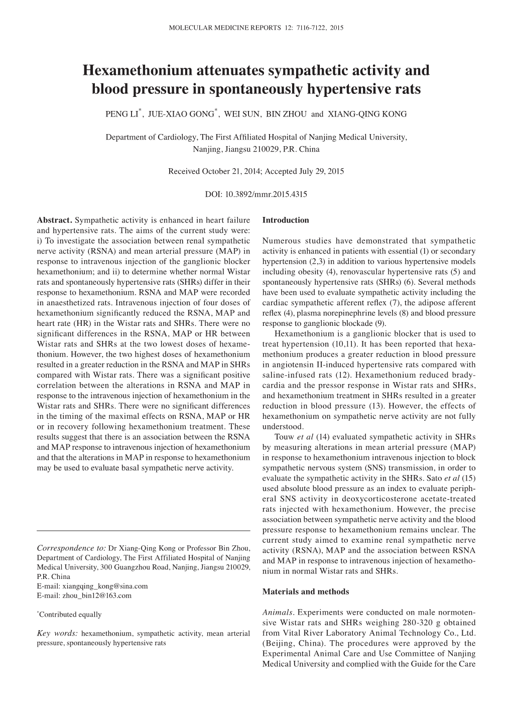 Hexamethonium Attenuates Sympathetic Activity and Blood Pressure in Spontaneously Hypertensive Rats