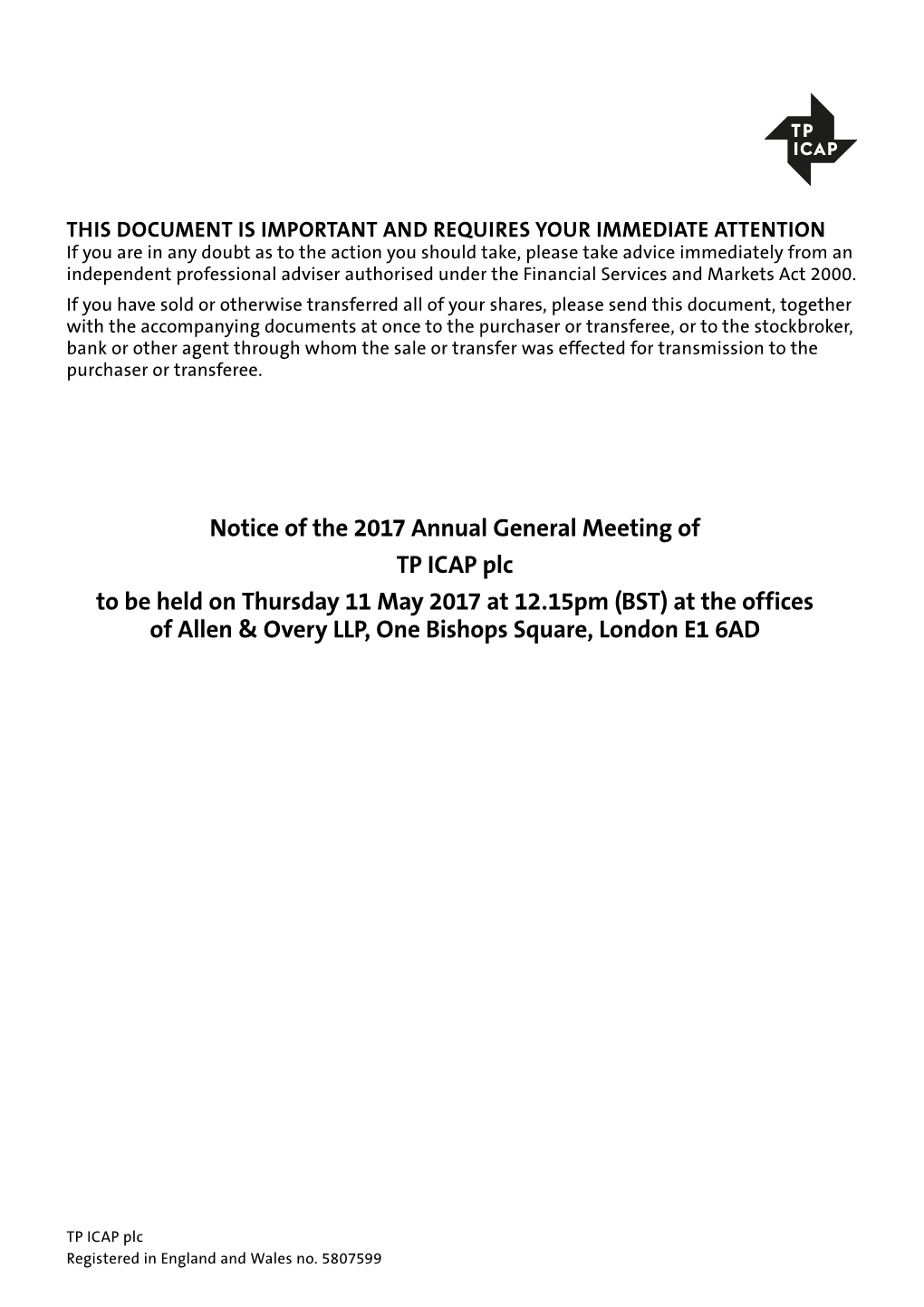 Notice of the 2017 Annual General Meeting of TP ICAP Plc to Be Held