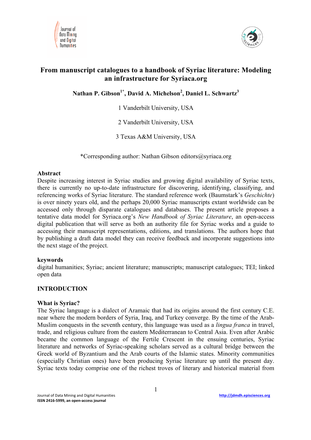 From Manuscript Catalogues to a Handbook of Syriac Literature: Modeling an Infrastructure for Syriaca.Org