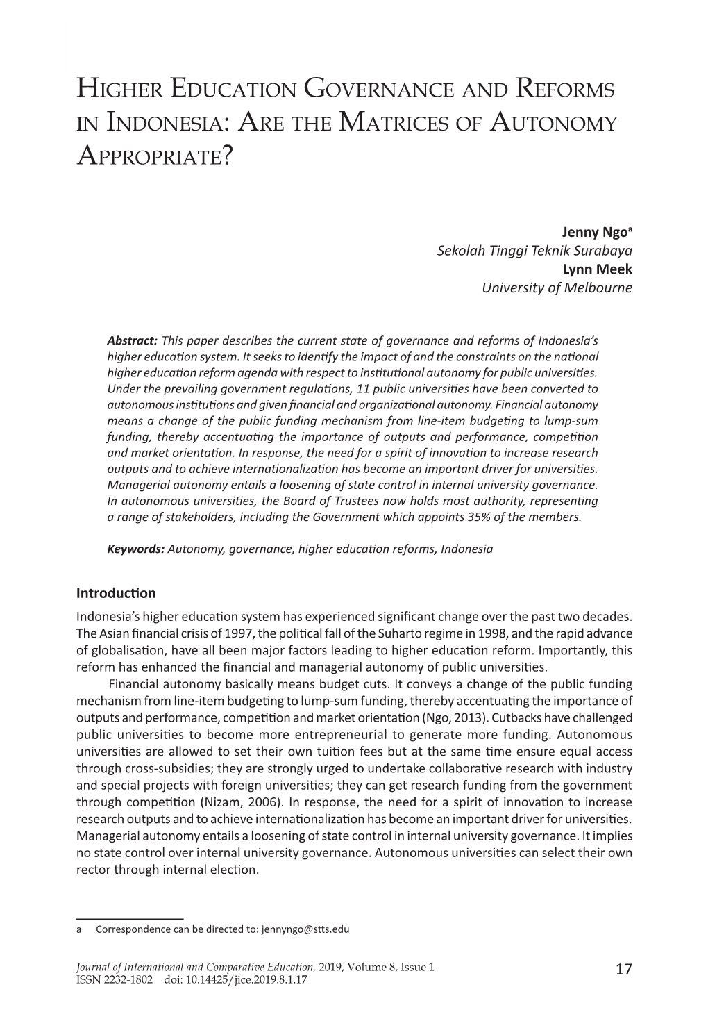 Higher Education Governance and Reforms in Indonesia: Are the Matrices of Autonomy Appropriate?