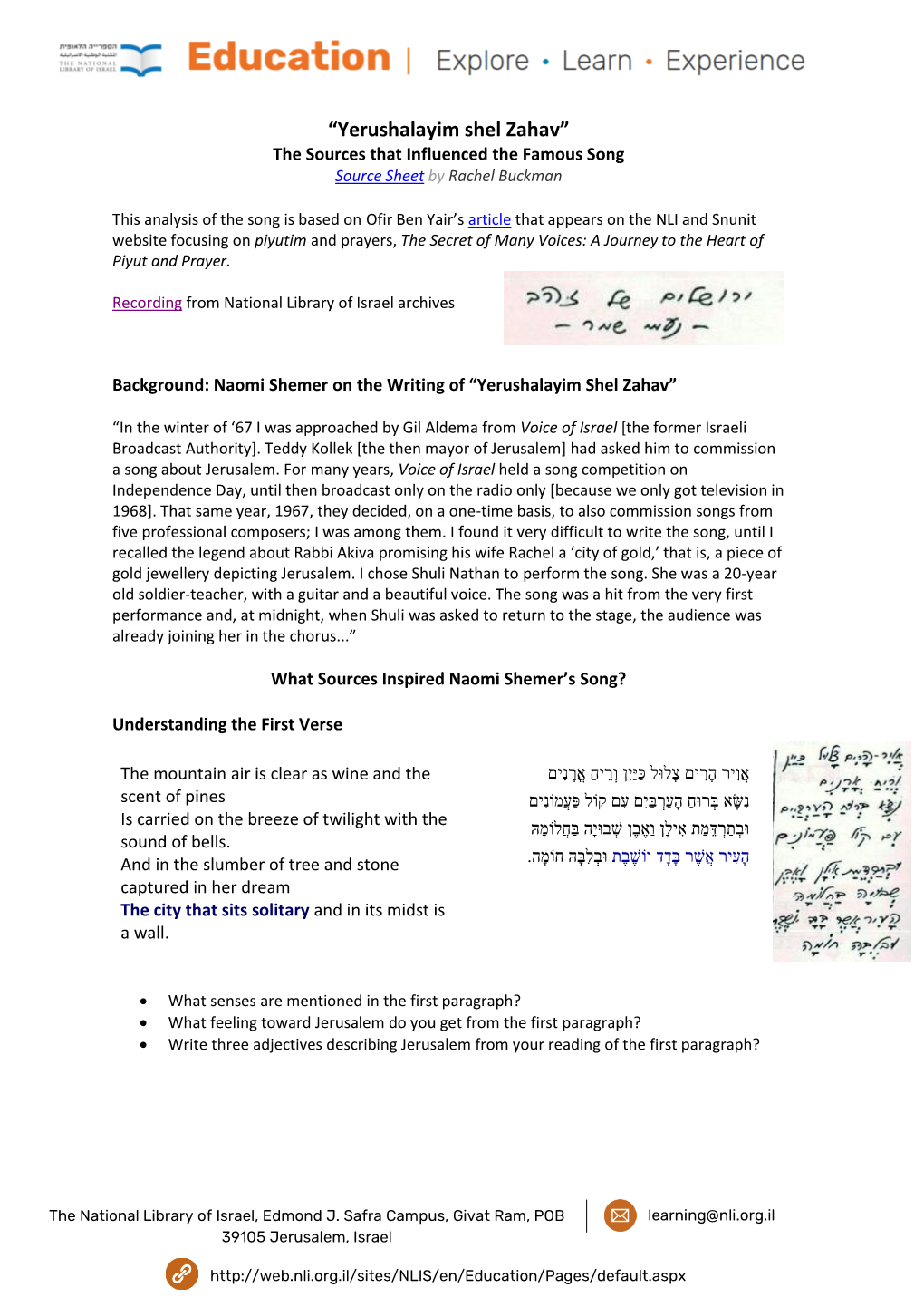 “Yerushalayim Shel Zahav” the Sources That Influenced the Famous Song Source Sheet by Rachel Buckman