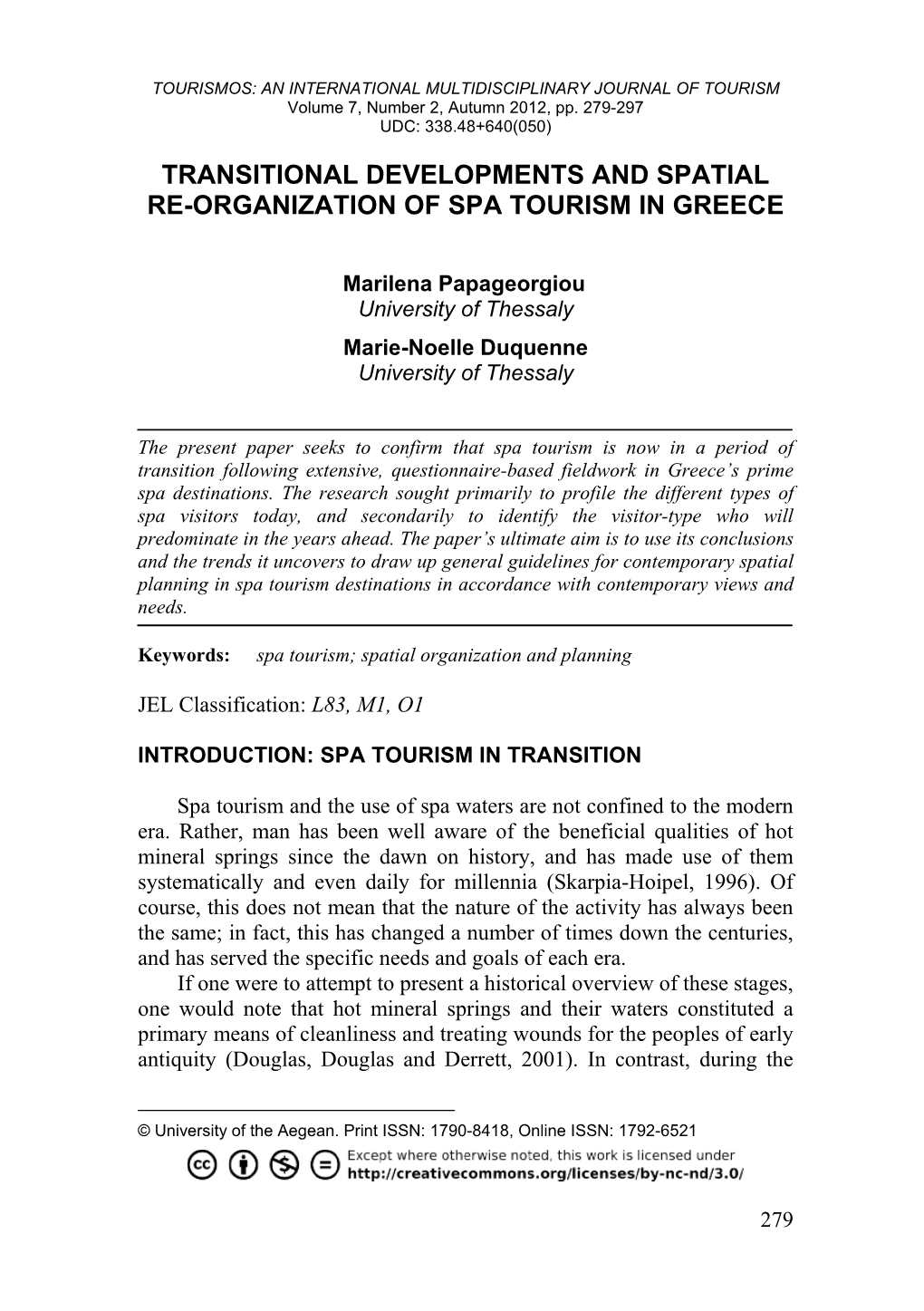 Transitional Developments and Spatial Re-Organization of Spa Tourism in Greece