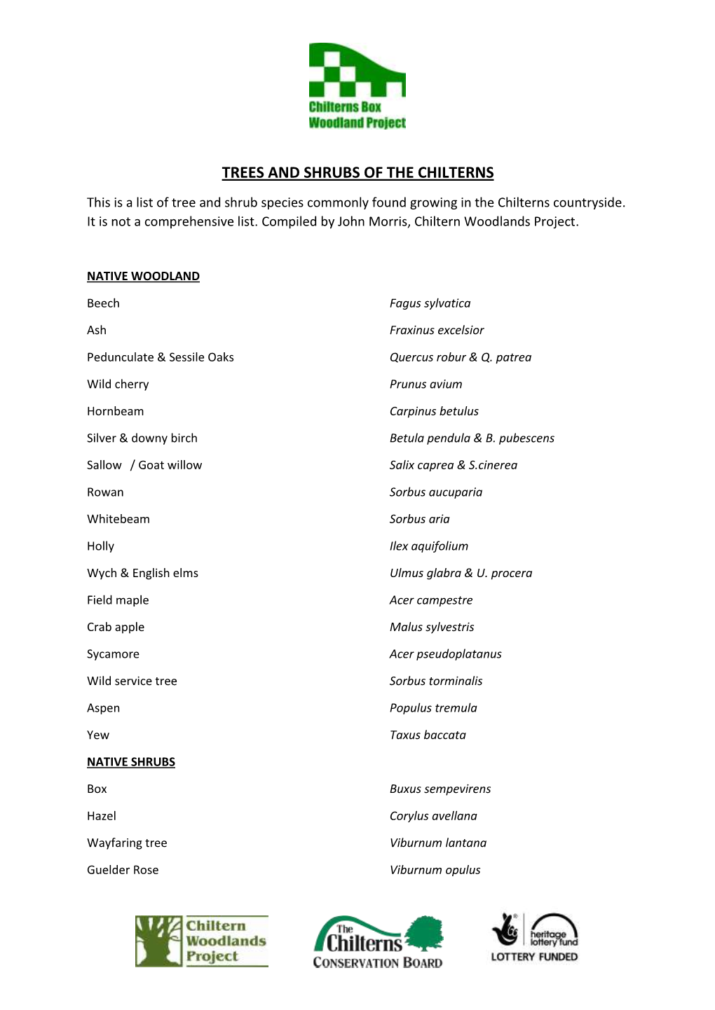 TREES and SHRUBS of the CHILTERNS This Is a List of Tree and Shrub Species Commonly Found Growing in the Chilterns Countryside