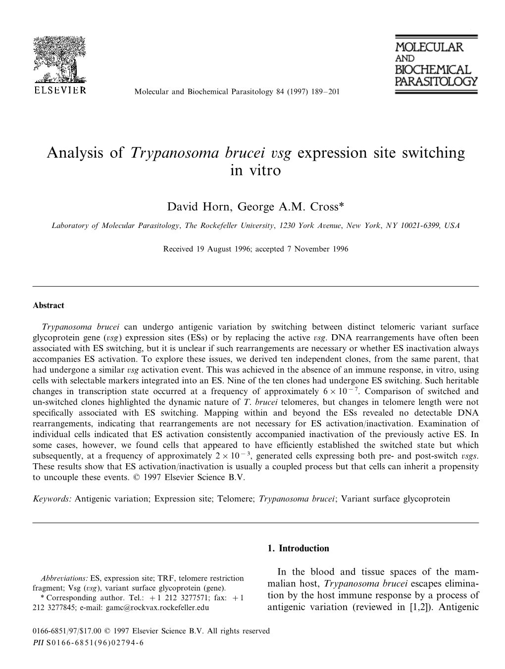 Analysis of Trypanosoma Brucei 6Sg Expression Site Switching in Vitro