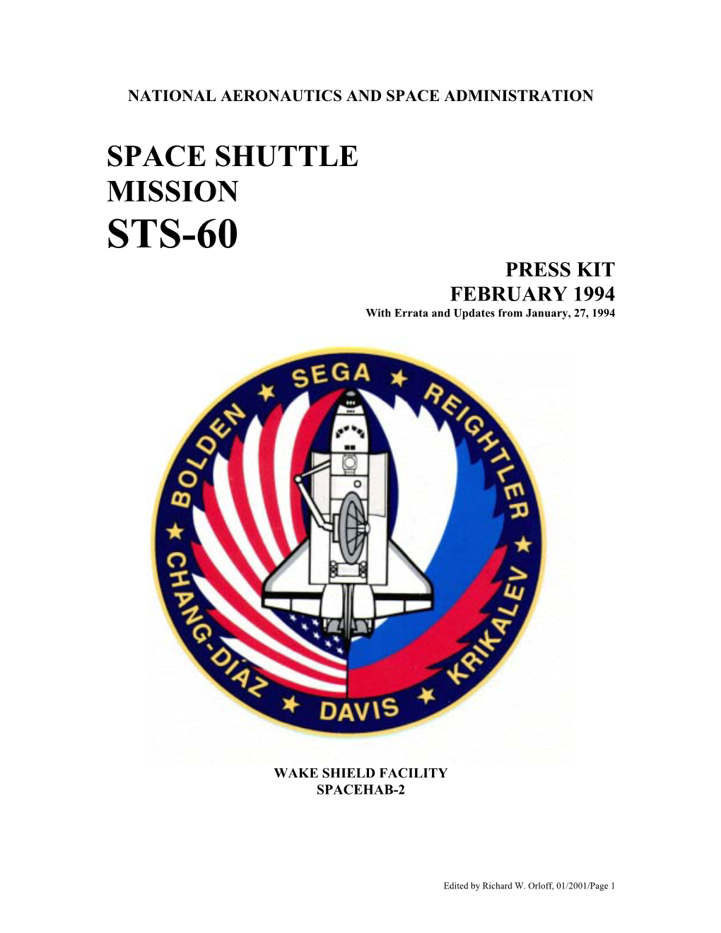 STS-60 PRESS KIT FEBRUARY 1994 with Errata and Updates from January, 27, 1994